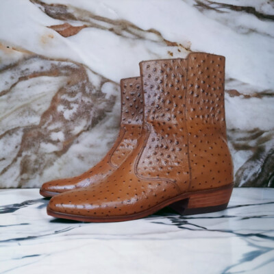 Trendy New Handmade Men's Tan Ostrich Texture Leather Ankle High Chelsea Boot .