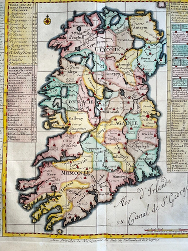 IRLANDA ANTIGUO 1719 HENRI CHATELAIN MAPA ANTIGUO GRANDE SIGLO 18 - Imagen 2 de 9