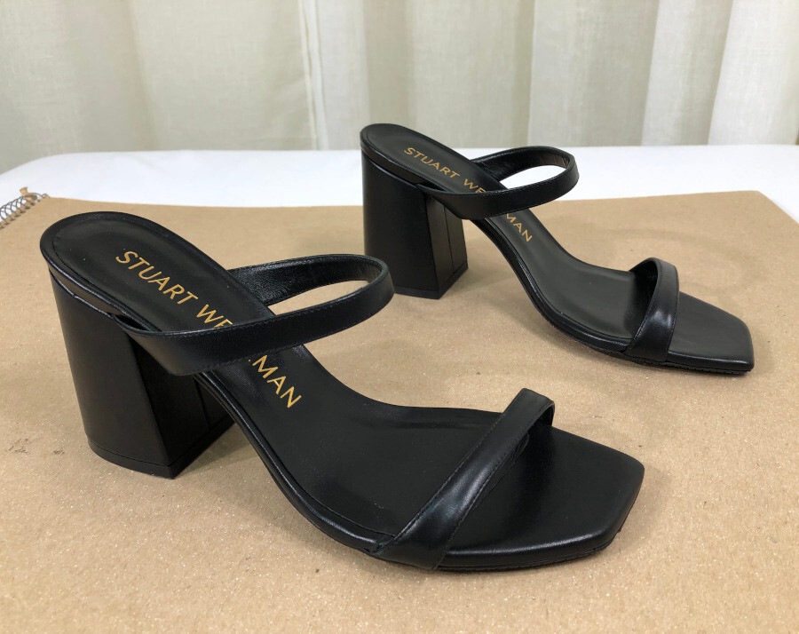 NEW STUART WEITZMAN Flareblock 85 Calf Leather Straps Slide Sandal US  Black