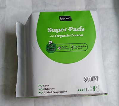 b pure Super Pads 100% Organic Cotton Aloe Infused Lavender Infused 4 Packs Of 8