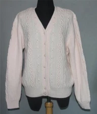 VTG Essential Elements Faux Pearls Angora Blend Pale Pink Sweater Cardigan Wms L