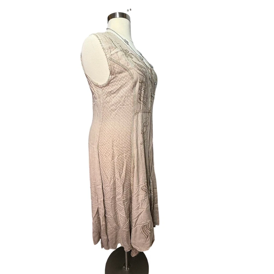 Flower Midi Dress Women’s Size XL Sleeveless Embroidered Tan Boho - Image 4 of 4