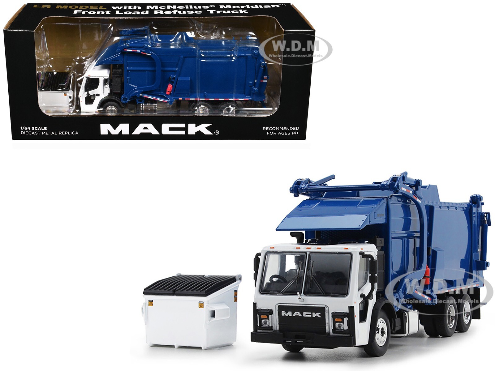 MACK LR GARBAGE TRUCK FRONT LOADER BIN WHITE/BLUE 1/64 BY FIRST