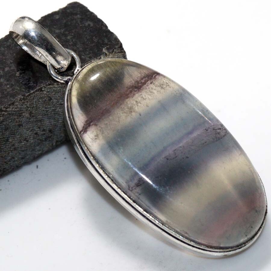 Rainbow Fluorite Silver Plated Gemstone Pendant Chunky Jewelry 2.1 Inch