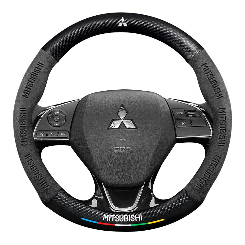 15" Black Suede Leather Carbon Fiber Car Steering Wheel Cover For Mitsubishi - Image 3 of 4