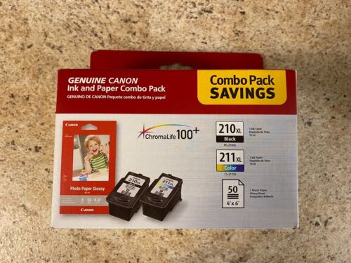 Genuine Canon PG 210XL Black & CL 211XL Color Ink Cartridges & 50 Photo Paper - Picture 1 of 4