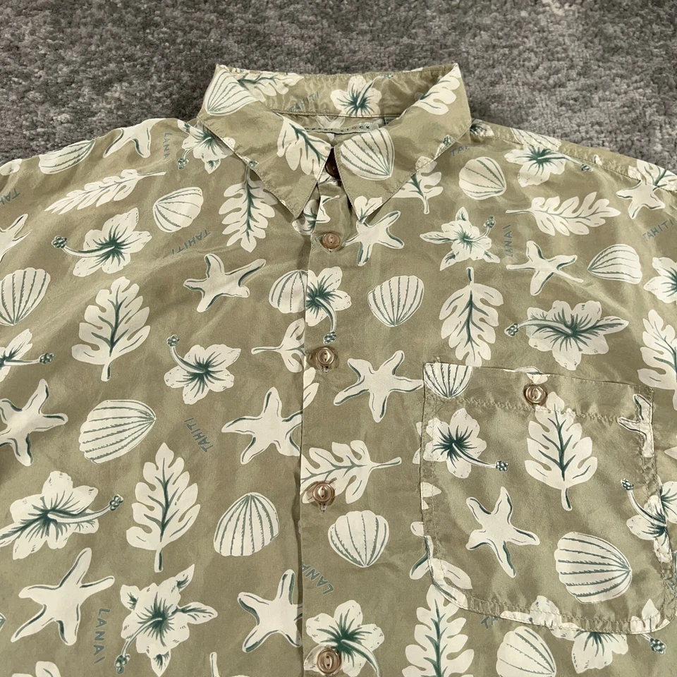 复古 Robert Stock 夏威夷衬衫男式 XL 米色丝绸花卉贝壳印花 90 年代 Aloha — 第 2/4 张图片