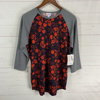 Lularoe Womens Randy Baseball Tee Sz L Gray Red Floral 3/4 Sleeve Pullover New