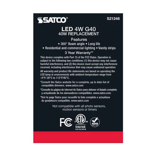 SATCO S21248 - 4 Watt G40 LED Globe Light Bulb - 2700K - 120 Volts (6 Pack) - Picture 4 of 6