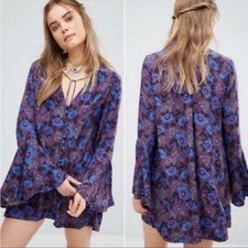 Free People Magic Mystery Tunic Purple Blue Floral Tie Neck mini dress size S