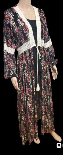 Chrysanthemum Boho Cardigan Small Tie Front Duster Rayon Lace Floral USA New