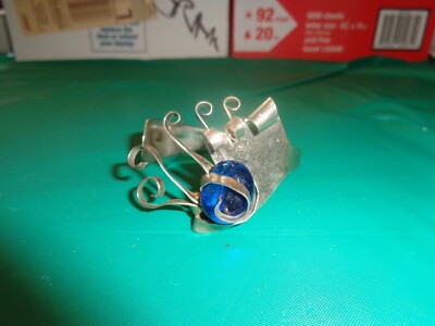 Alpacca Silco USA Silver Blue Glass Cabochon Fork Design Cuff Bracelet