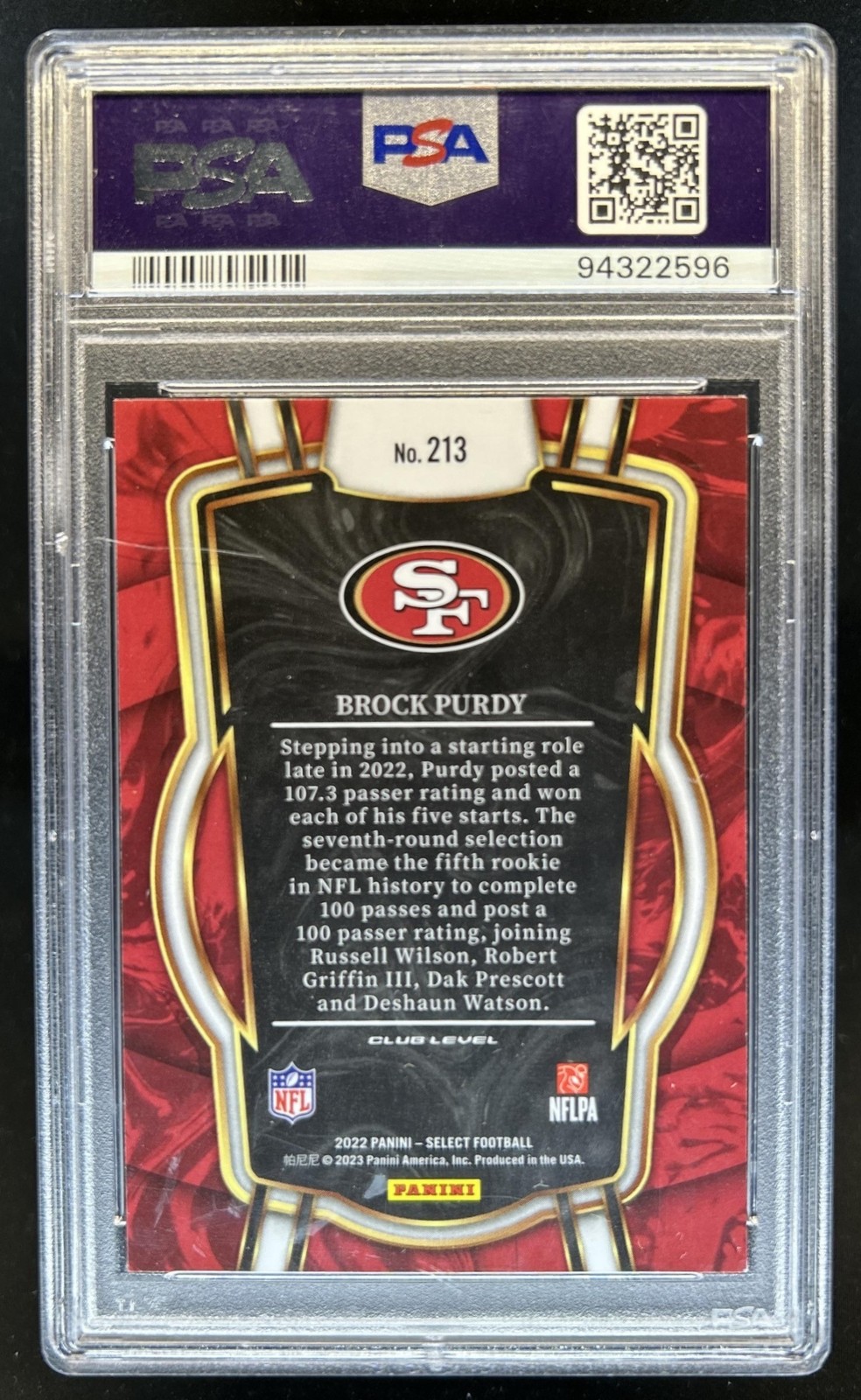 2022 Panini Select Brock Purdy RC Rookie Club #213 49ers PSA 9 view 2