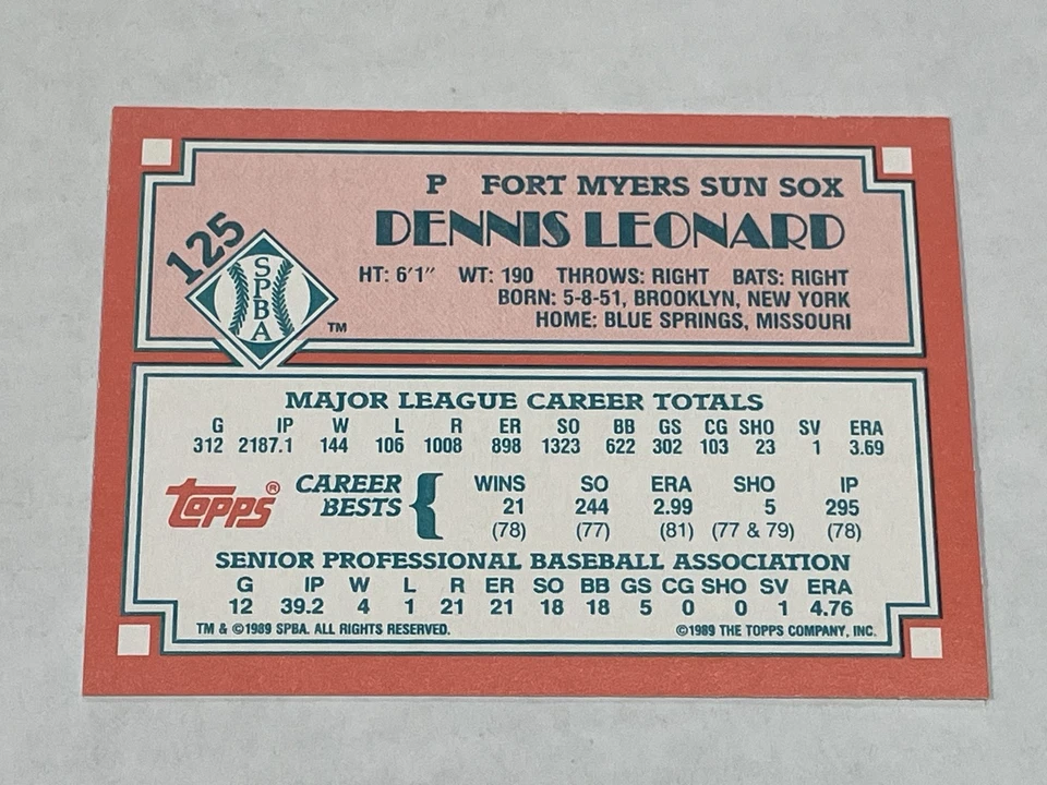 1989 Topps Senior League Baseball #125 - Dennis Leonard - Fort Myers Sun Sox - Image 2 of 2