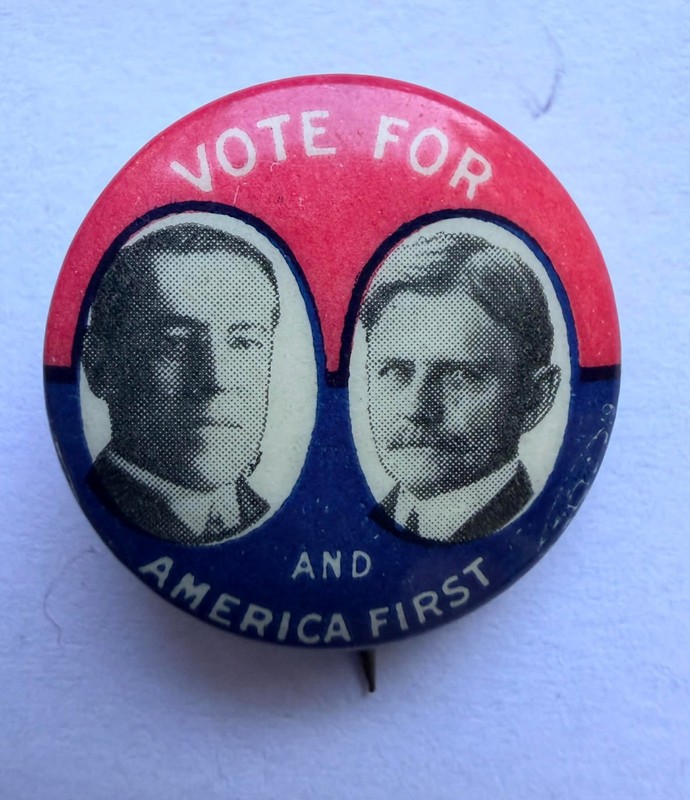 Wilson & Marshall 1916 Jugate 7/8" America First Slogan Bastian Bros Excellent