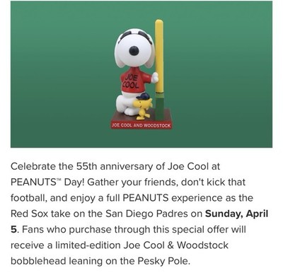 Peanuts Joe Cool Snoopy 2026 Boston Red Sox Bobblehead SGA 4/5