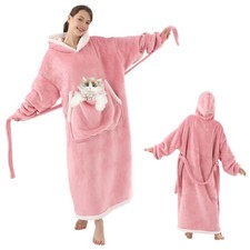 Wearable Blanket Hoodie with Cat Pouch, Oversized Hooded Blanket Sweatshirt Blan