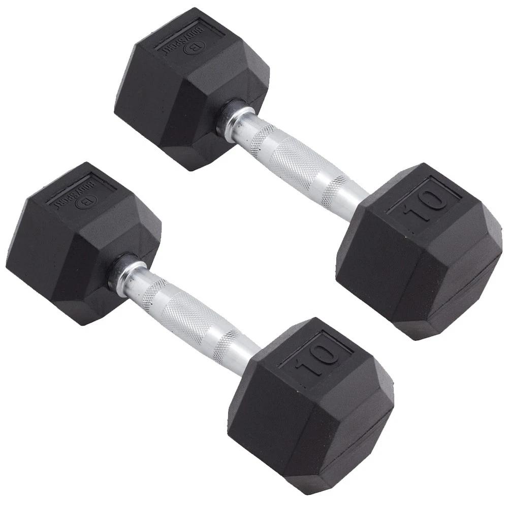 Body Sport Rubber Encased Hex Dumbbell Weight – Exercises – 10 lb Pair