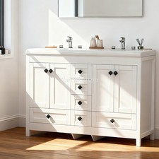 47" White Bathroom Vanity Double Sink Ceramic Freestanding Cabinet 5 Drawers