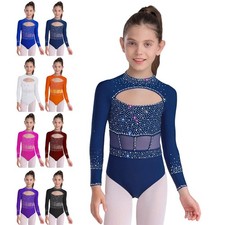 Kids Front Cutout Ballet Dance Unitard Sparkly Mesh Splice Long Sleeve Bodysuit