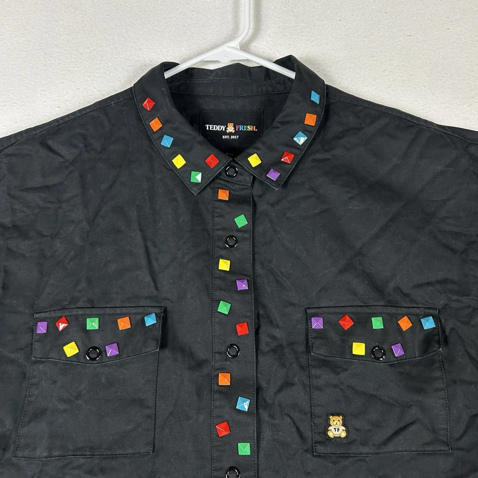 Camisa Teddy Fresh Para Hombres L/XL Manga Corta Abotonada Años 90 Y2k Estrás Algodón Top Foto 2 de 4