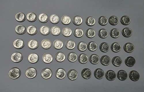 1946-1964 90% SILVER ROOSEVELT DIMES ROLL 50 COIN LOT- MIXED DATES AND MM- AU
