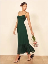 Reformation Emersyn Dress Emerald Green Midi Ruffle Hem Sweetheart Size 0