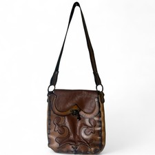 Tooled Leather Crossbody Bag Vintage Western Clasp Appliqu  Brown   Sz. OS