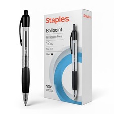 STAPLES Retractable Ballpoint Pens, Medium Point 1.0mm, Black Ink, 12 Pack Com