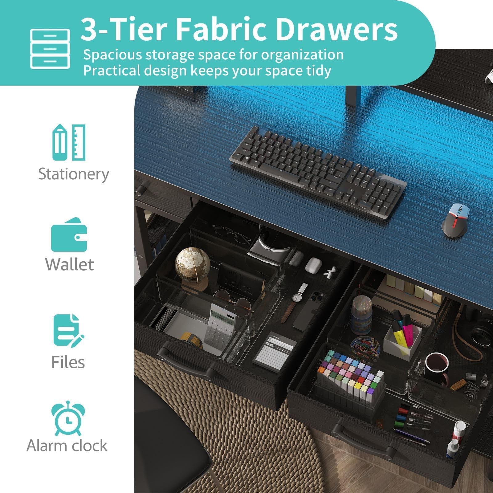 Gaming Desk with Led Lights and Power Outlets, 47 Inch Home Office Desk with ...