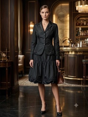 LILITH French Designer 2Pc Black Skirt Suit Medium Bubble Hem Jacket Set