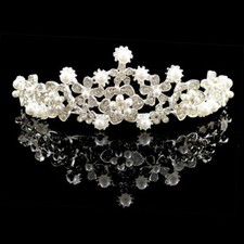 46b -2 Pageant Bridal Silver Plated Crystal Faux Pearl Flower Wedding Tiara