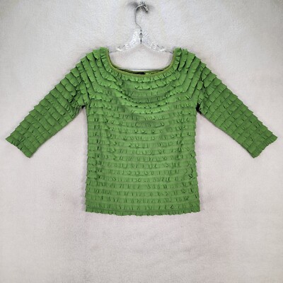 Y2K K C Womens Top Size S Green Boat Neck Ruffled Stretch Slim Unique Blouse
