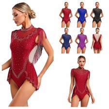 Womens Bodysuit Sleeveless Dancewear Lyrical Dance Tassel Skirted Competition