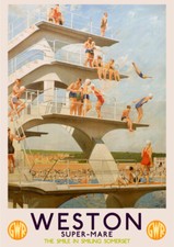 VINTAGE Railway POSTER Weston Art Deco Lido Divers Swimming Pool PRINT A3 A4