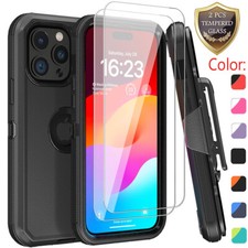 For iPhone 15 Pro Max 14 13 12 11 Case Shockproof Cover Tempered Glass Belt Clip