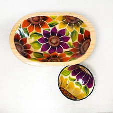 Beautiful Large Artist Signed Wood Sunflowers Matching Ceramic Dip Bowl Mexico