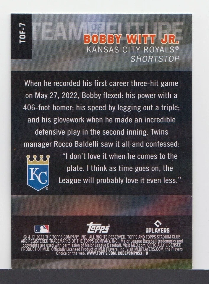 BOBBY WITT Jr. - MLB-2022 -TOPPS STADIUM CLUB TEAM OF THE FUTURE RC-CARD # TOF-7 - Image 2 of 2