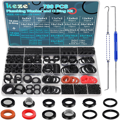 #ad 780 PCS Rubber Washer Assortment Kit 14 Size Water Hose Washers and 18 Size Nitr $31.02