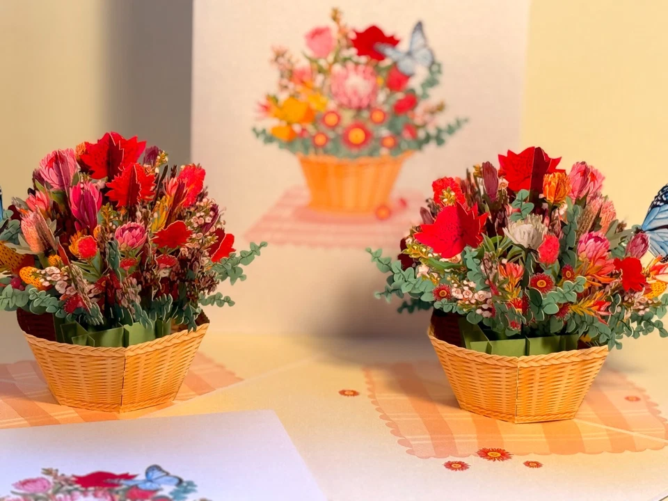 ORIGAMI POP CARDS Australian Native Flower Basket Butterfly Thank You 3D Pop Up - Image 2 of 4