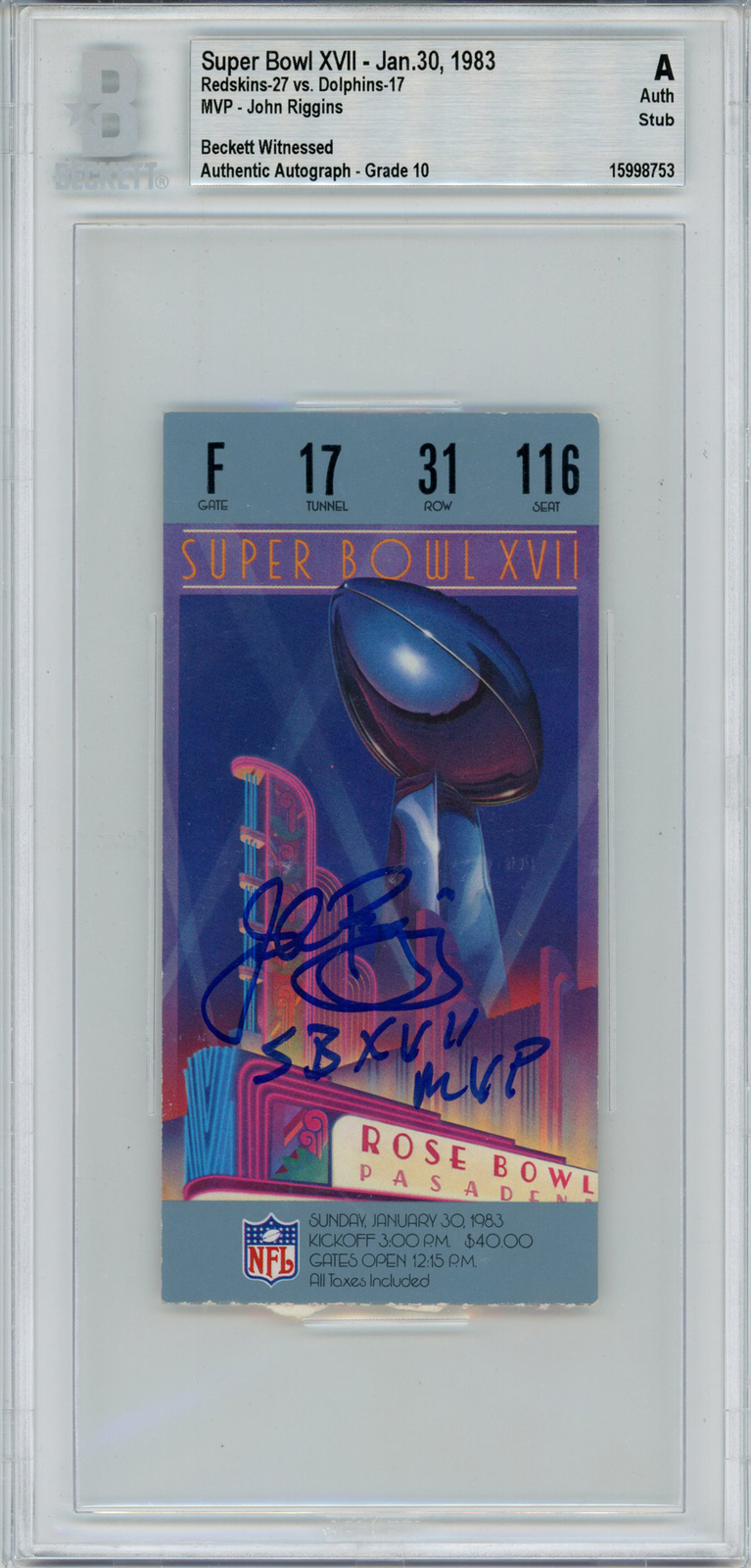 John Riggins Autographed Signed Super Bowl Xvii Ticket Stub Sb MVP Beckett Slab 42975 
