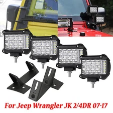 4x 4" LED Work Light Bar & A-pillar Mount Brackets For Jeep Wrangler JK 07-18
