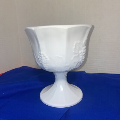 Vintage White Milk Glass Pedestal Bowl Embossed Grape Vine Pattern-Estate Find