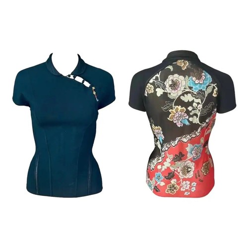Roberto Cavalli S/S 2003 Chinoiserie Cheongsam Collar Tie Cap Sleeve Blouse Top - Afbeelding 1 van 12