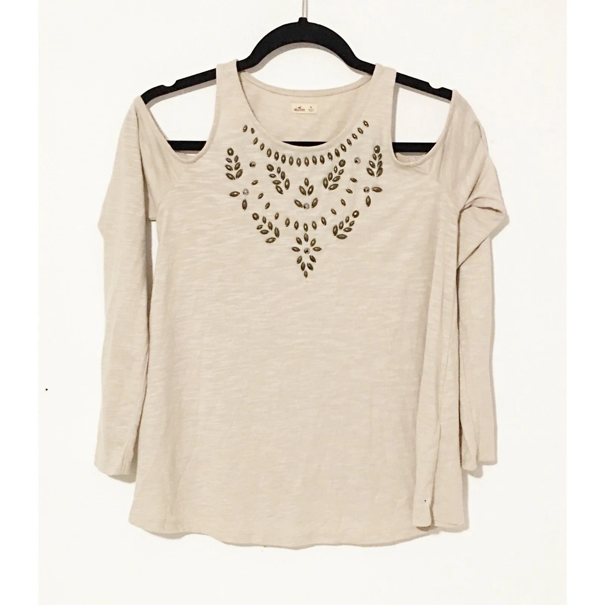 Hollister Girls Beige Beaded Lightweight Long Sleeve Shirt Size M