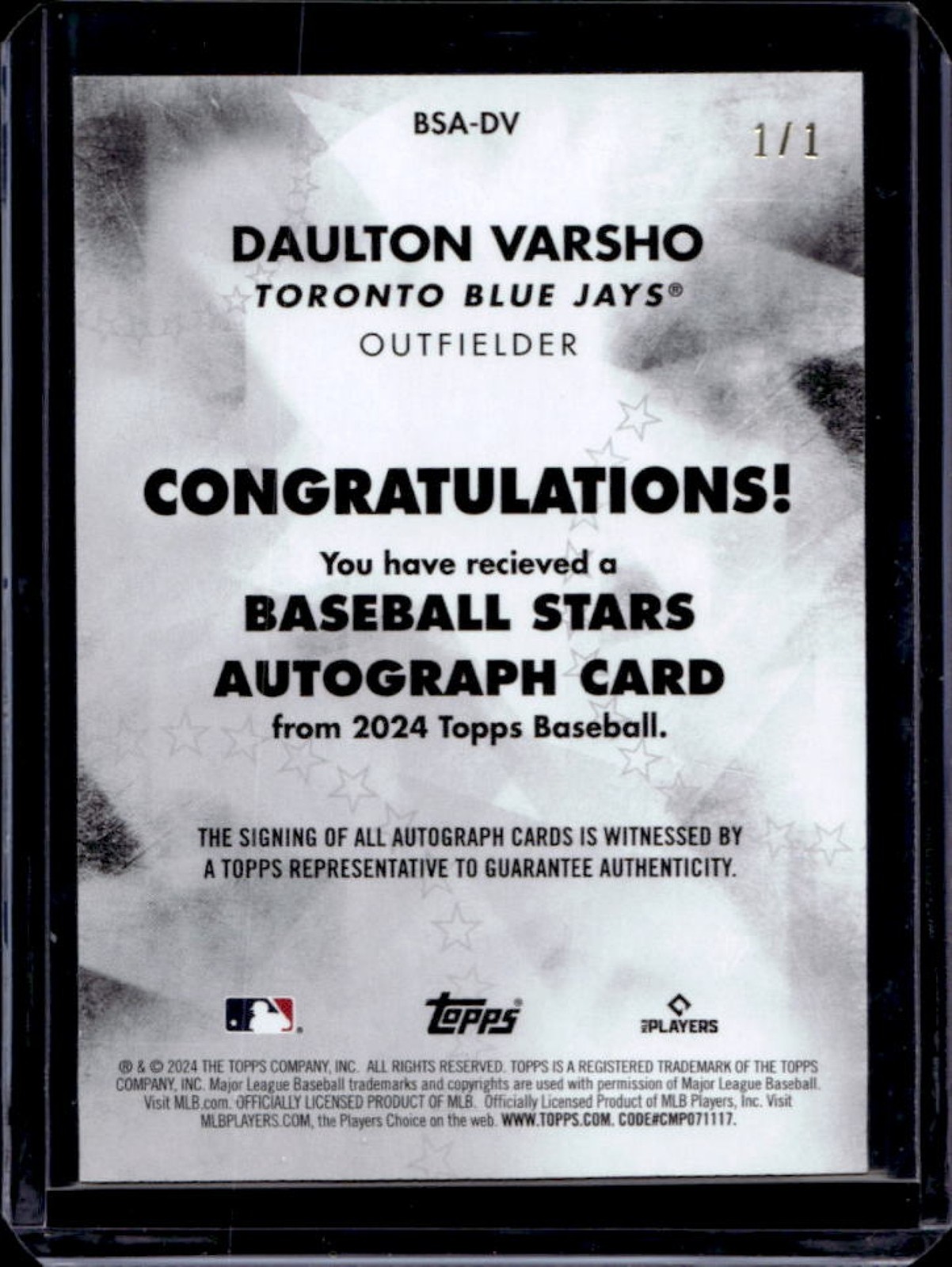 2024 Topps Daulton Varsho Baseball Stars Auto Autograph Platinum #1/1 Blue Jays view 2