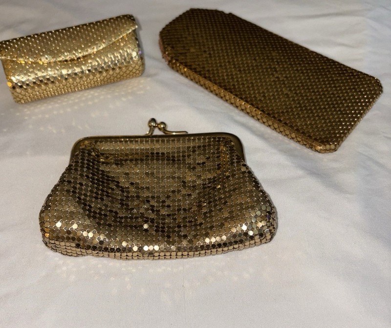 VINTAGE WHITING & DAVIS GOLD MESH COIN PURSE -LIPSTICK CASE - GLASSES CASE