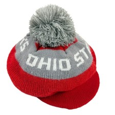 Ohio State Buckeyes Newsboy Winter Hat VTG 70s Red Gray Pompom Retro USA Made
