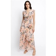 Eliza J Surplice Women Chiffon Floral Midi Maxi Dress Hi-low Size 6 Pink Peach