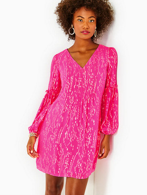 NWT LILLY PULITZER SIZE 10 CLEME SILK DRESS *PINK PALMS* STUNNING 